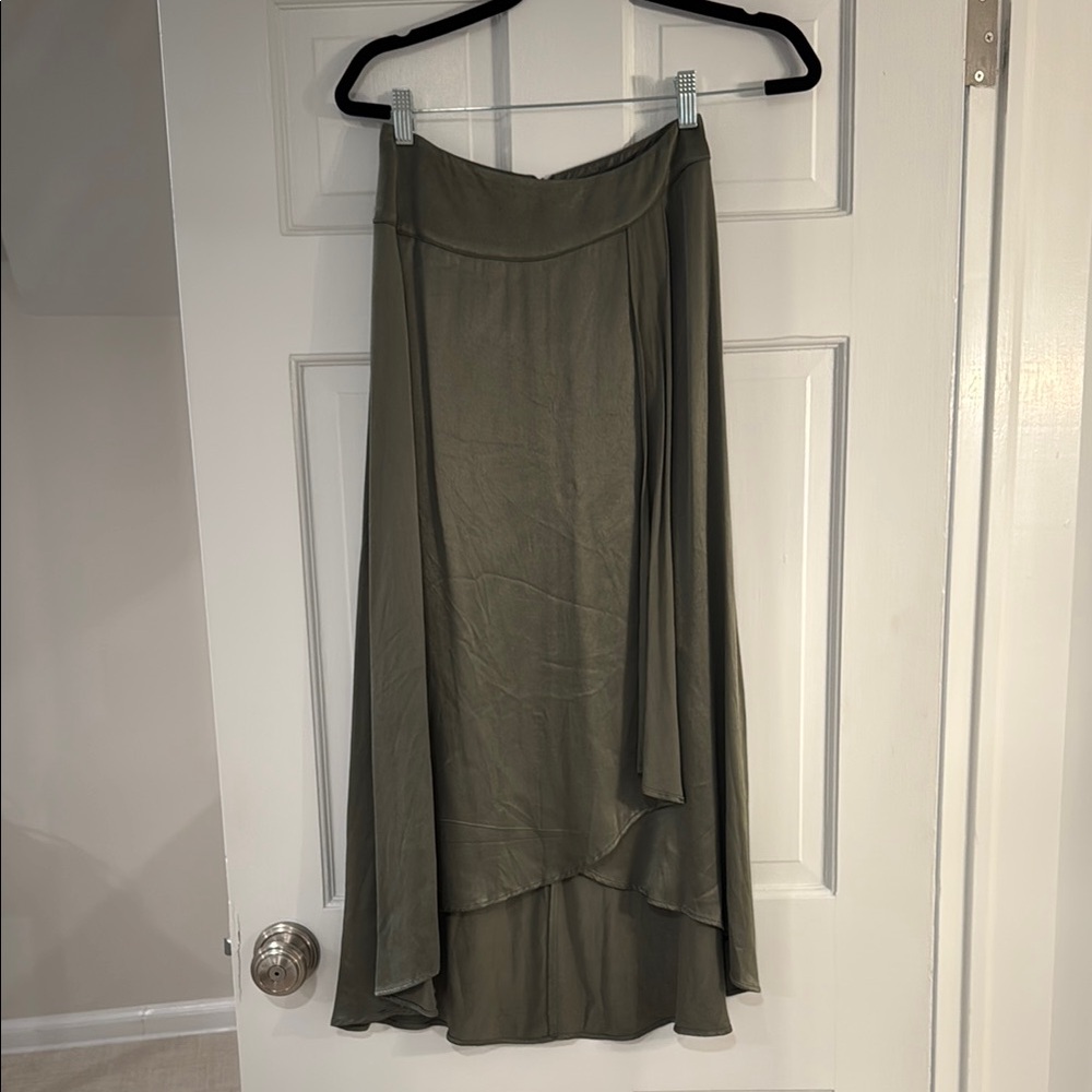 Zara Olive Green Asymmetrical Satin Skirt